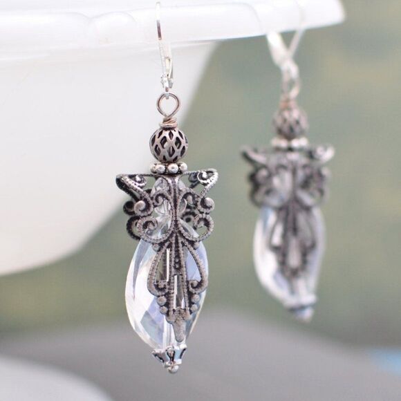 Silver Filigree and Crystal Angel Earrings - Picture 1 of 2